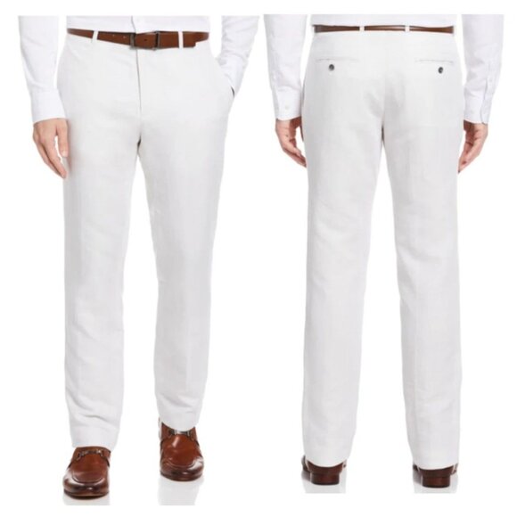 Perry Ellis White Twill Linen Blend Flat Front Slim Fit Dress Pants Men's 40X32 - Picture 1 of 13